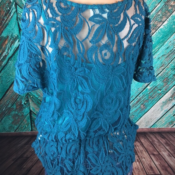 Anthropologie Pins & Needles Turquoise Lace Top - Picture 7 of 7